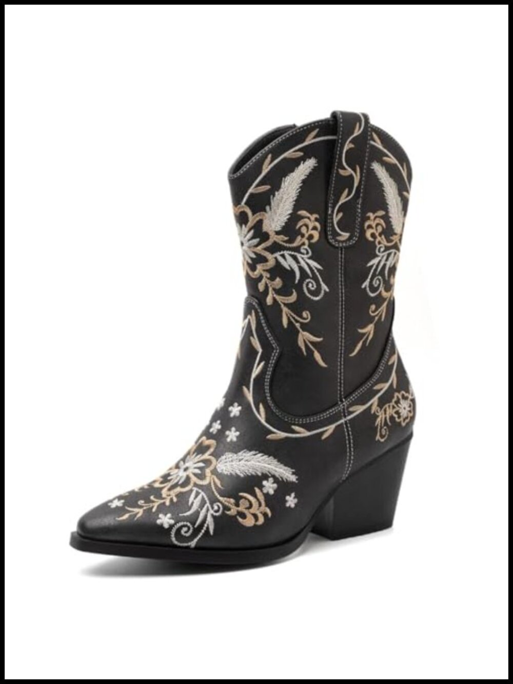 Western Cowgirl Boots with Gold Embroidery, Chunky Heel Pointed Toe Zip Up Mid